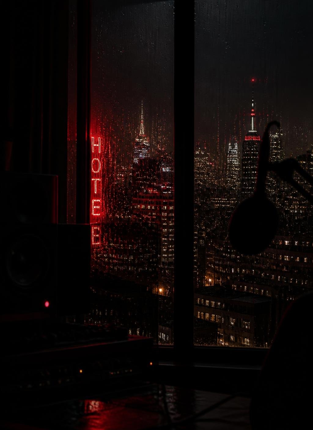 A night skyline seen from a studio window